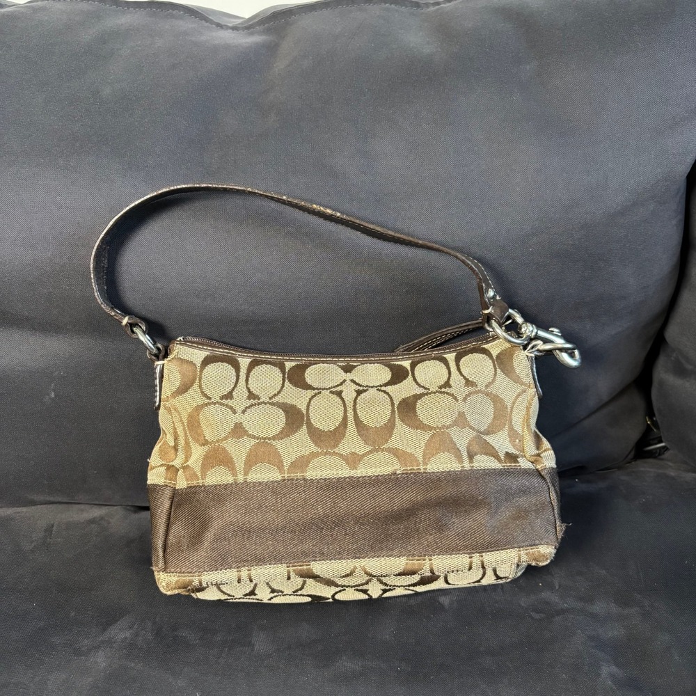 Coach Signature C Monogram Small Shoulder Bag Brown Tan Jacquard Canvas